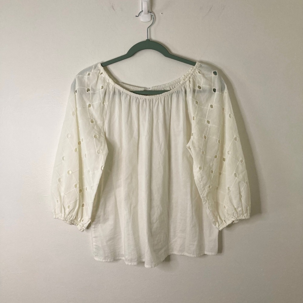 White Eyelet Sleeve Peasant Blouse Cottagecore XS Cotton Boho Prairie A New Day